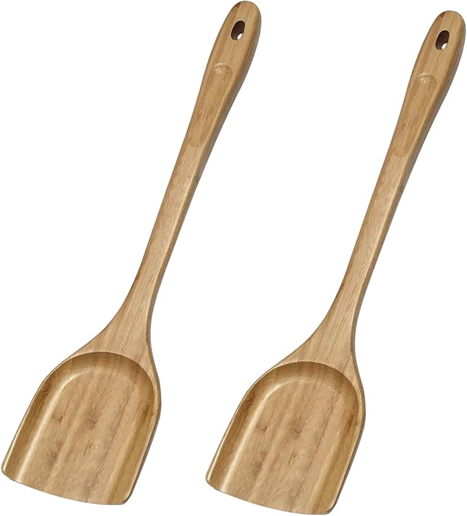 GEEKHOM Bamboo Spatulas for Nonstick Cookware, 13 Inch Wooden Kitchen Utensils, 2 Pack Flat Wood Spatula Turners for Cooking Stirring, Flipper for Pancake, Fish, Egg