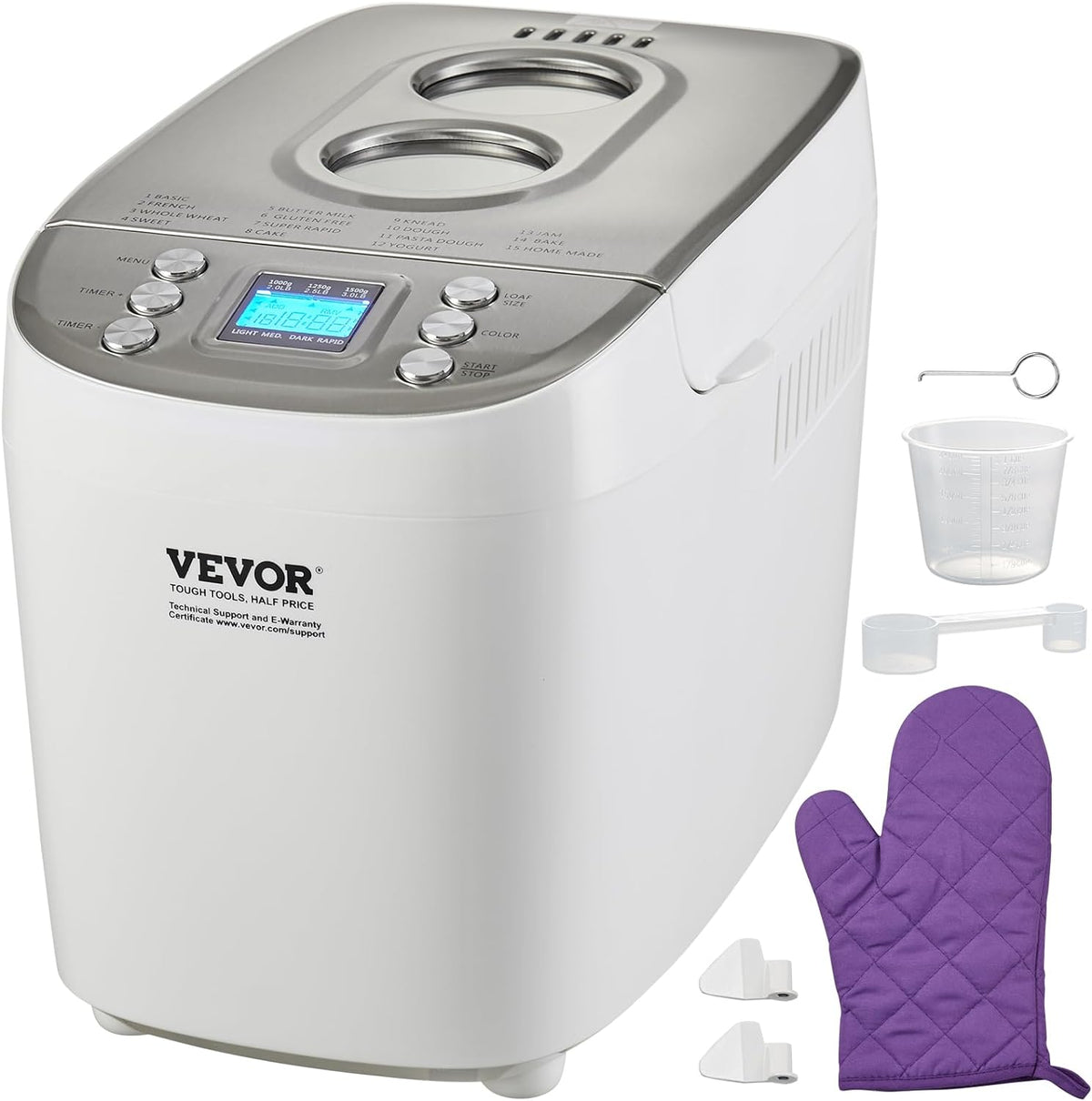 VEVOR Bread Maker, Dough Machine 15 Menus in 1, Non-Stick Ceramic Pan Automatic Breadmaker with Non-Gluten Setting, Whole Wheat Bread Making, Digital, Programmable, 3 Loaf Sizes, 3 Crust Colors, White