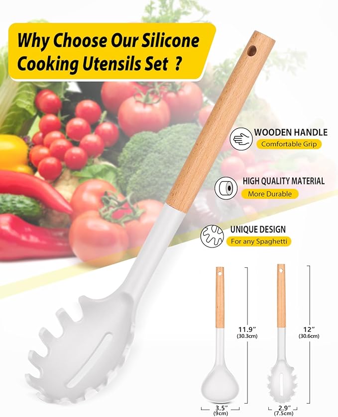 Silicone Pasta Fork and Ladle Spoon Set with Wooden Handle, Heat Resistant Non Stick Kitchen Utensils for Cooking, Stirring, Serving Spaghetti, Soup, Sauce(WHITE)