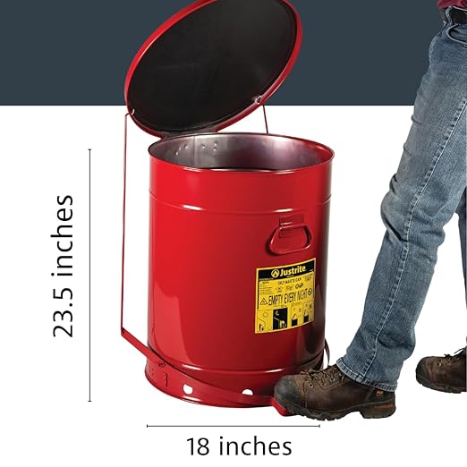 Justrite 21 Gallon Galvanized Steel Oily Waste Can, 23.5" x 18" Metal Oil Rag Safety Can with Quiet Foot Operated Self-Closing Lid for Oil Rag Disposal, Made in The USA, Red, 09708