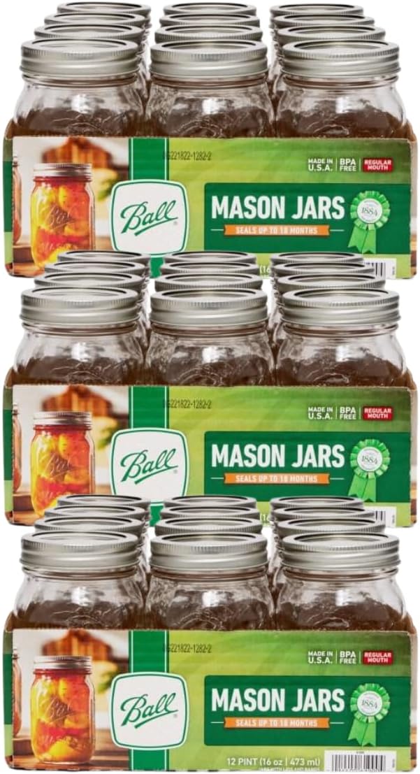 Ball Regular Mouth Glass Mason Jars with Lids and Bands, Used for Canning (Pint, 16 Ounce (Pack of 36))