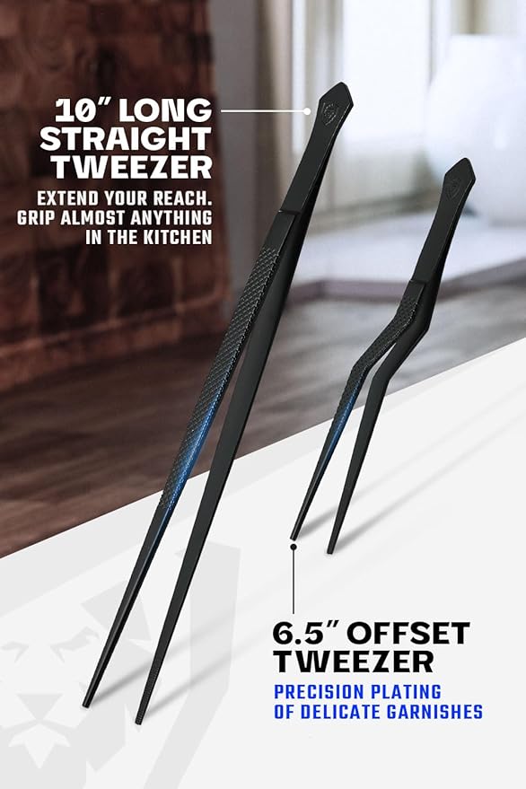 Dalstrong Professional Food Tweezers and Kitchen Tongs Set-2pc(6.5" & 10")-High-Precision, Black Titanium Coating, Multi-Use, 304 Stainless Steel-Gift Perfect for Culinary