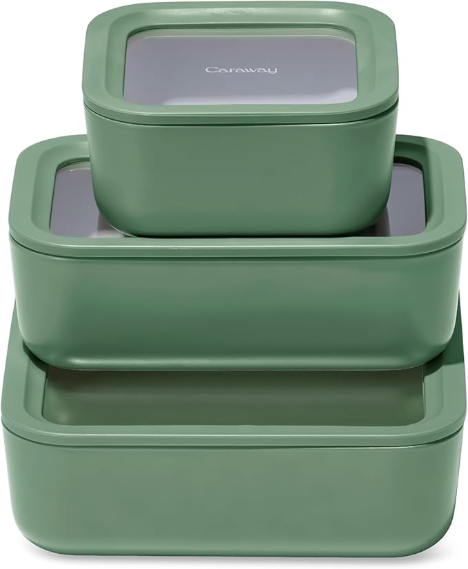 Caraway 3pc Glass Food Storage Set – 10 Cup, 6.6 Cup, & 4.4 Cup Food Containers - Ceramic Coated - Non Toxic Non Stick Lunch Box with Glass Lids - Dishwasher, Oven, & Microwave Safe - Sage