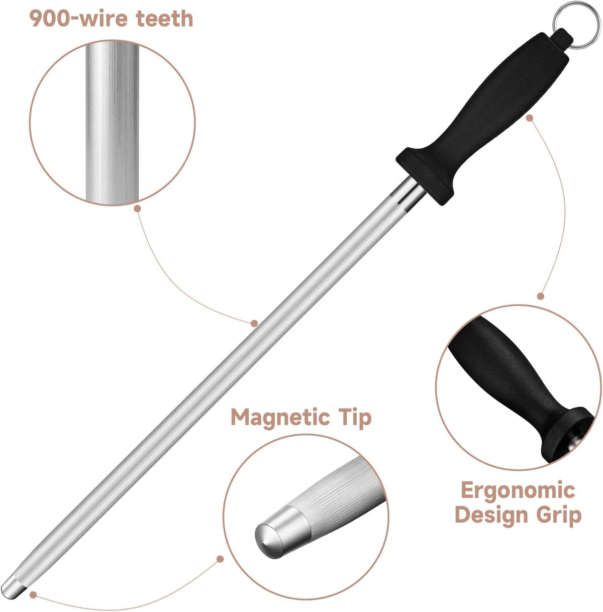 Kitchen Knife Sharpener Rod-12 Inches Professional Carbon Steel Knife Sharpening Honing Rod with Hanging Holes for Household, Chef, Hunting Sporting and Pocketknives, 17" Overall