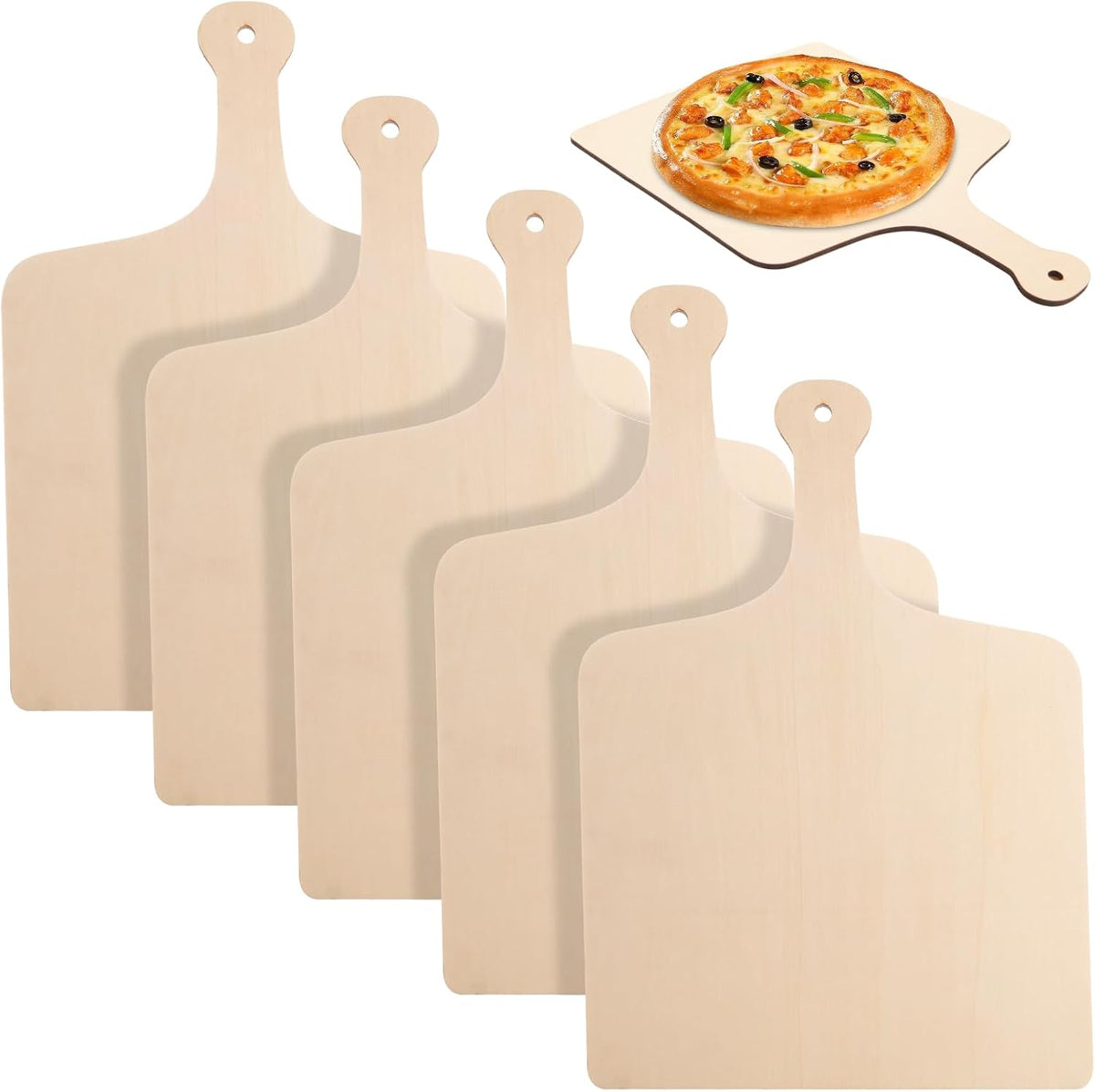 Acrux7 5 PCS Wood Pizza Peel 12 Inch Wooden Pizza Paddle with Handle, Wood Spatula Paddle for Restaurant Baking Kitchen Bread Fruit Vegetables Cheese Cutting Board Serving Board