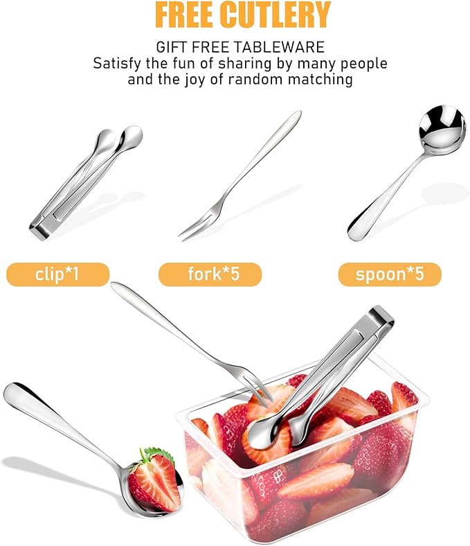 Condiment Tray with Stainless Steel 5 Spoons, 5 Forks and 1 Clip, Chilled Condiment Server, Condiment Server, Bar Garnish Holder on Ice, Bar Accessories Fruit and Salad with Removable Trays and Lid