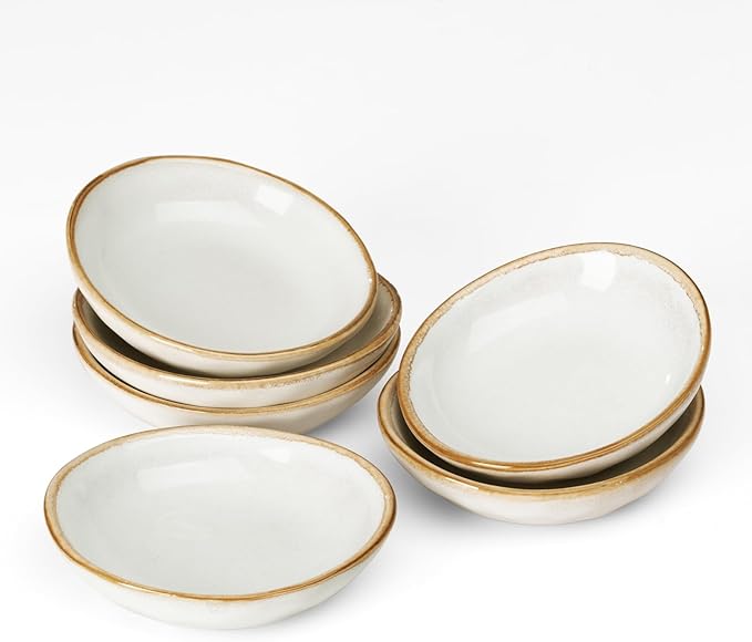 famiware Ocean Soy Sauce Dishes of 6, Oval Dipping Sauce Cups/Bowls/Dishes for Kitchen, 2.1oz Ceramic Small Bowls for Side Dish, Appetizers, Snacks, and Sushi, Reactive Glaze, Cappuccino White