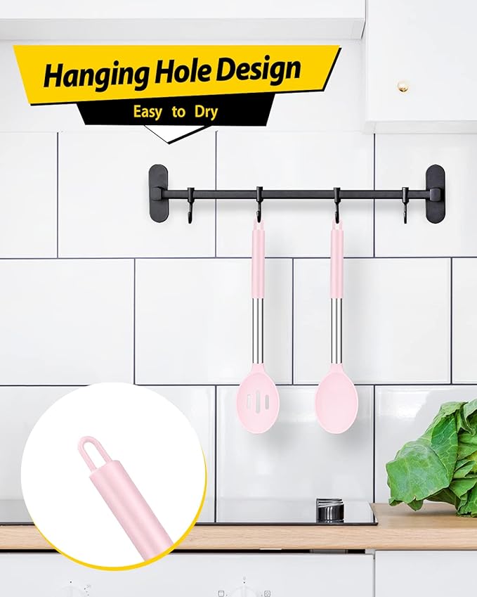 Pack of 2 Large Silicone Cooking Spoons,Non Stick Solid Basting Spoon,Heat-Resistant Kitchen Utensils for Mixing,Serving,Draining,Stirring (PINK)