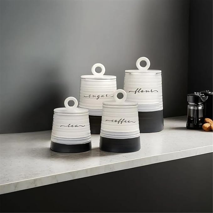 Young's Inc. 4 Pcs Set Rustic Modern Ceramic Canisters- Storage Container for Kitchen and Bathroom - Beautiful Home Decor Accent to Store Food, Coffee, Tea, and More - Black, White