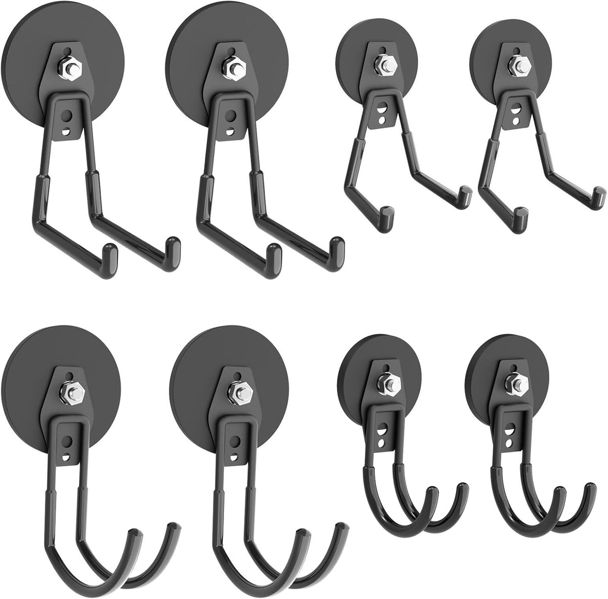 Heavy Duty Magnetic Hooks - Anti-Slide Garage Hanger, Magnetic Mounting for Garden Tools, Hose, Power Drill, Steel Pegboard, Workshop (8 Pack)