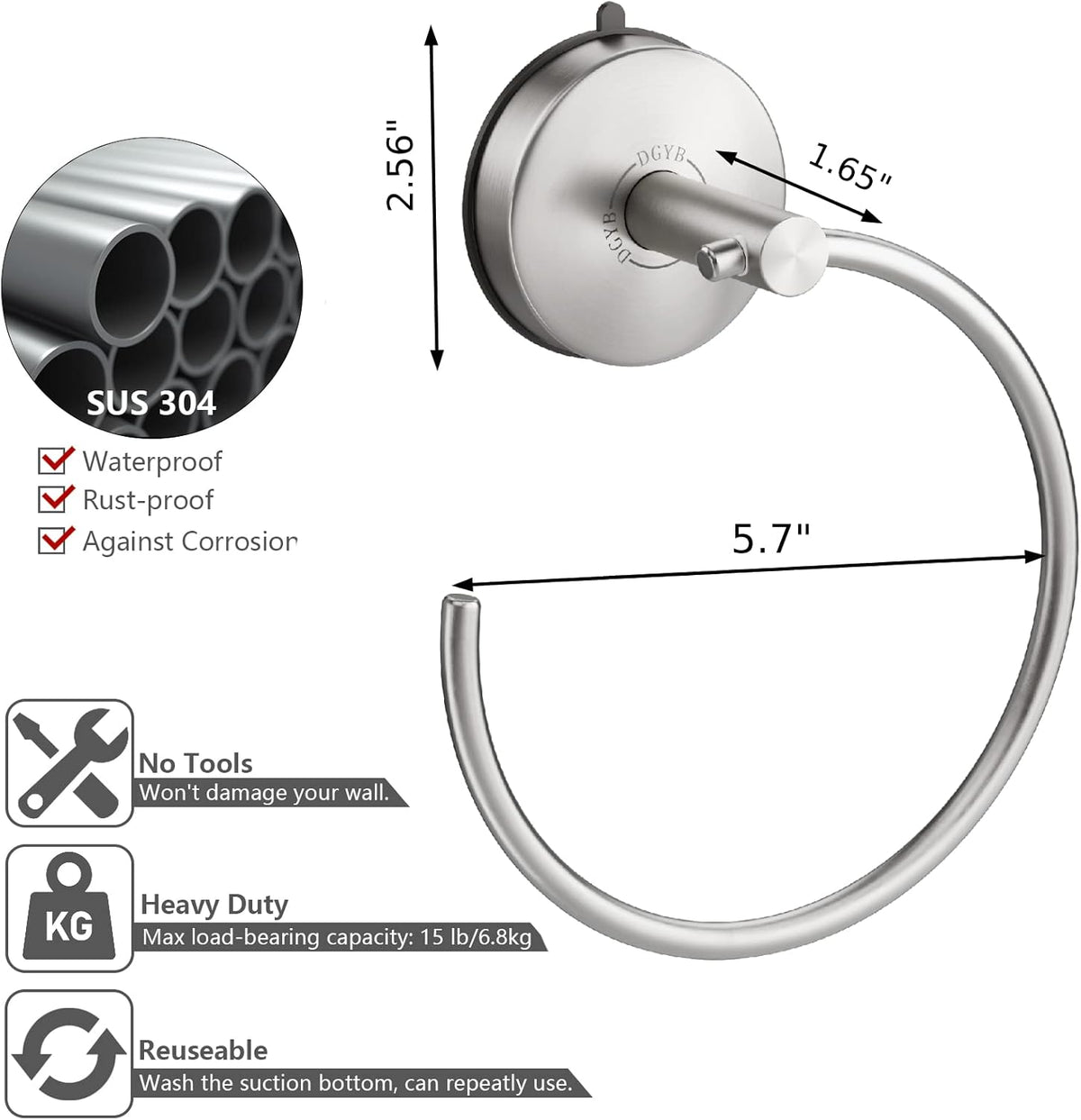 DGYB Suction Cup Hand Towel Ring Brushed Nickel Hand Towel Holder for Bathroom Wall SUS 304 Stainless Steel Kitchen Towel Hanger