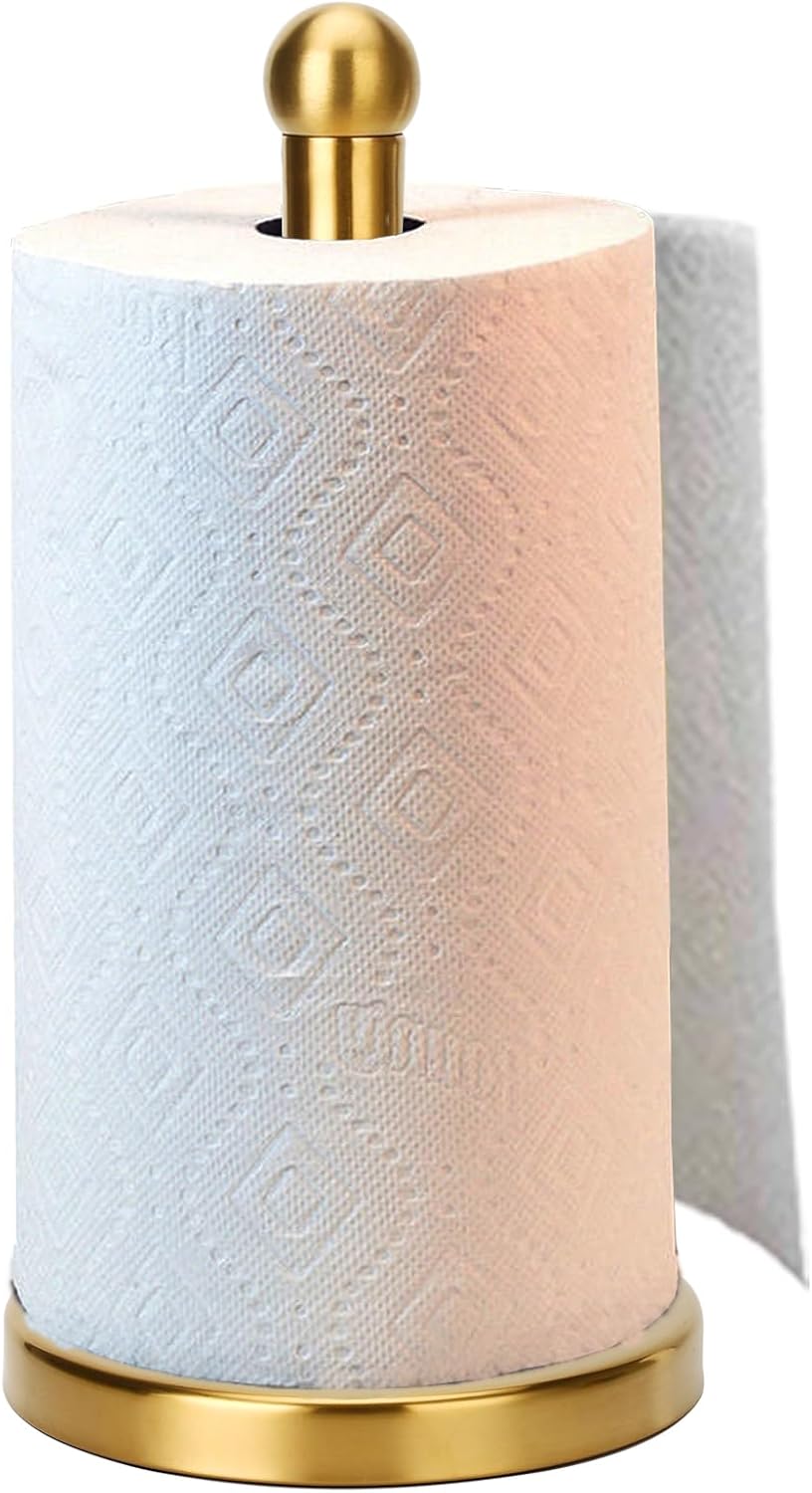 Paper Towel Holder Stand with Sturdy Base Fits Standard and Jumbo Sized Paper Towel, Paper Towel Holder Countertop (Gold)