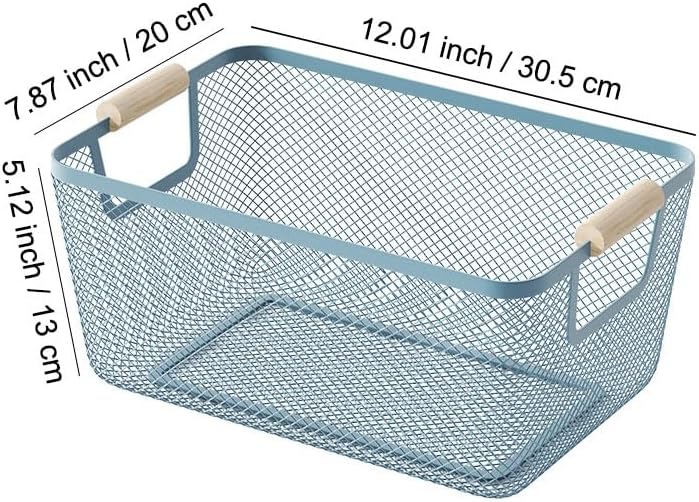 Metal Mesh Steel Basket, Medium Wire Storage Organizer Basket Multi-function Hanging Kitchen Basket with Wood Handle for Kitchen Bathroom Picnic Home, Rectangle-Blue
