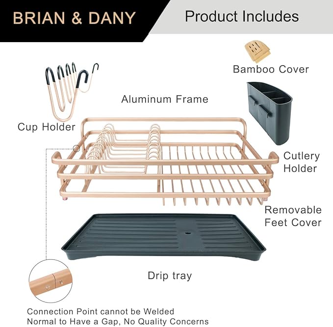 BRIAN & DANY Aluminum Dish Drying Rack, Dish Racks for Kitchen Counter, Dish Drainer with Removable Cutlery Holder & Cup Holder, Unique 360° Swivel Spout Drainboard, 16.5" L x 11.8" W, Golden