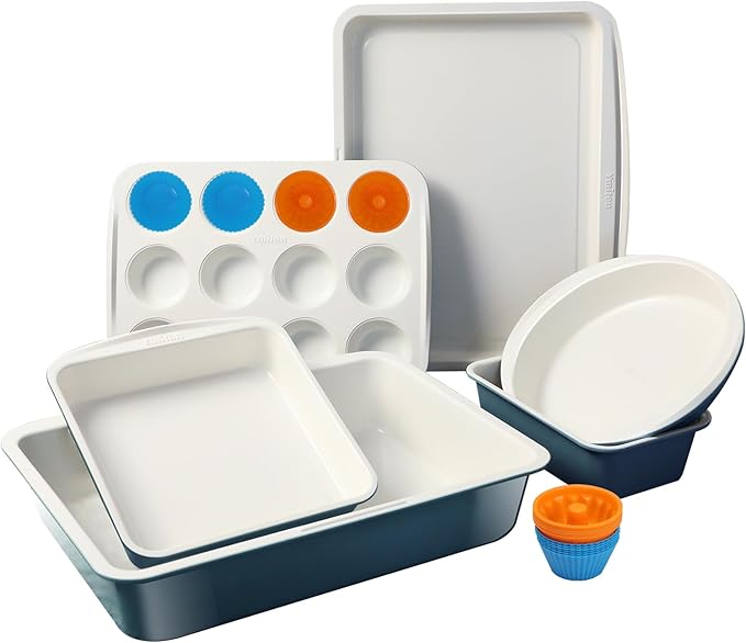 Ceramic Nonstick Baking Pans Set, Non Toxic 30 PCS Stackable Bakeware Sets, 550°F Oven Safe Baking Sheet & Pans, Warp-Free, Dishwasher Safe, PTFE/PFOA/PFOS-Free (Blue)