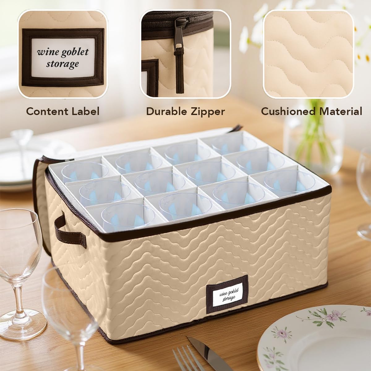 Wine Glass Storage Boxes with Dividers - Each Holds 12 Glasses up to 4.25" Wide - Quilted Microfiber Case with Handles - Protects Stemware & Fine China - Ideal for Red Wine