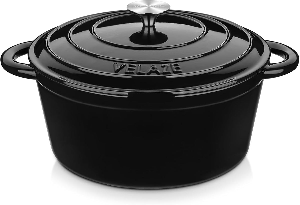 Velaze 7.5 QT Dutch Oven Pot with Lid, Enameled Cast Iron Dutch Oven with Dual Handles for Sourdough Bread Baking, Cooking, Non-stick Enamel Coated Cookware (Black)