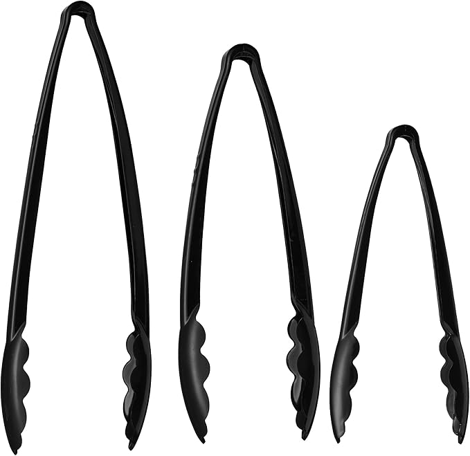 Plasticpro Heavy Duty Reusable Black Serving Tongs Combo Set - 4 Pieces (7.5'', 9'', 12'') for Kitchen, BBQ, Parties, Catering, Events, Weddings - Pack of 12