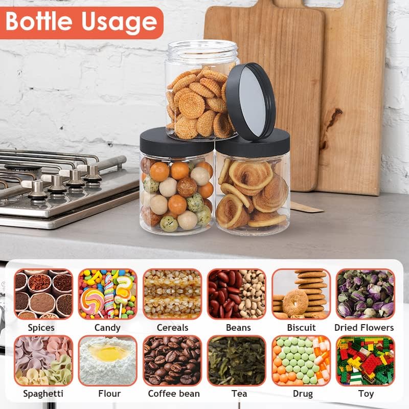 48pcs 8 oz Plastic Containers with Lids Labels Leak Proof BPA Free Airtight Refillable Clear Small Containers Storage Jars for Storing Dry Food Slime Honey Jam