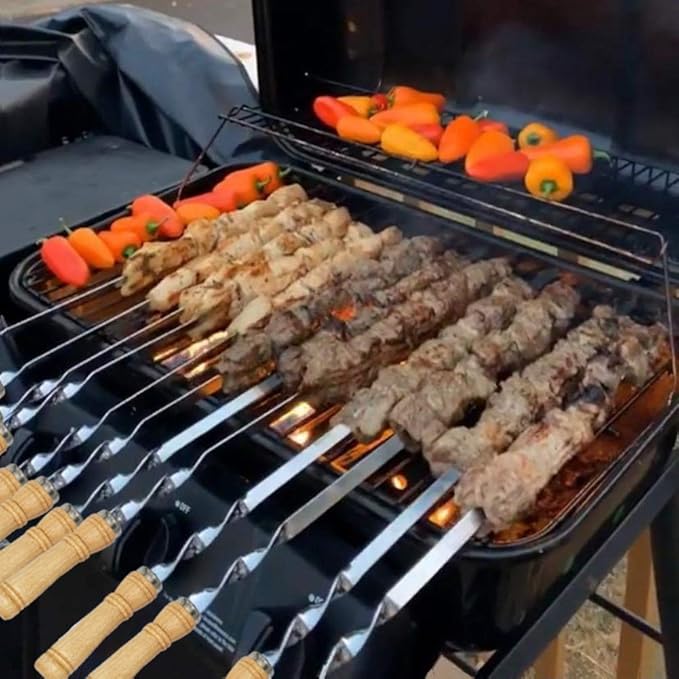 12 Pack Kabob Skewers BBQ Barbecue Skewers Stainless Steel Sticks 22 Inch Heavy Duty Large Wide Reusable with Nonslip Wooden Handle Ideal for Shish Kebab Chicken Shrimp and Vegetables