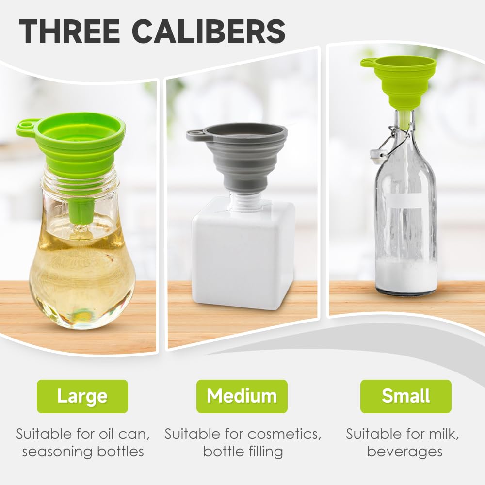 Kitchen Funnel Set, 2025 Upgrade Silicone Collapsible Funnel Silicone Collapsible Food Funnels for Kitchen 3 Sizes Funnels for Home Use Filling Bottles Daily Cooking (Green, 2Set 11+14+20g)