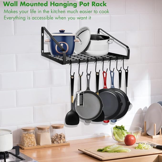 Felibeaco Hanging Pots & Pans Rack,Wall Mounted Pots Pans Organizer Holder Rack with 8 Hooks, Kitchen Wall Storage Organizer Hanger Shelves for Pans Set, Utensils, Cookware, Books, Household,Black