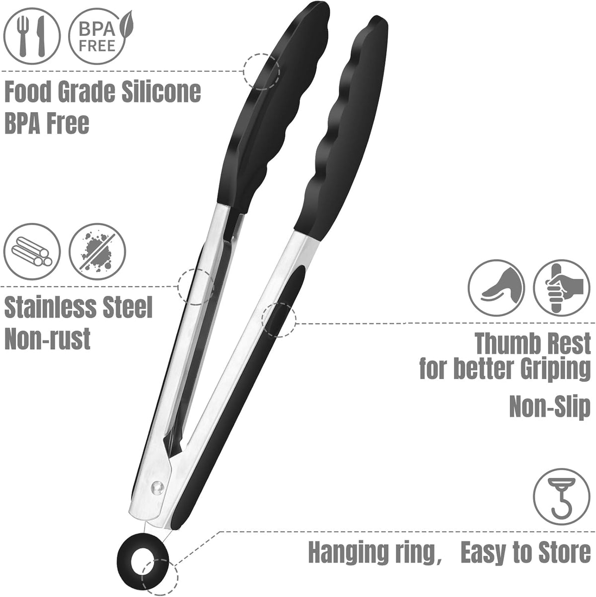 Hotec Mini Silicone Kitchen Tongs for Cooking - 7-Inch Small Serving Tongs with Silicone Tips, Set of 3 (Black)