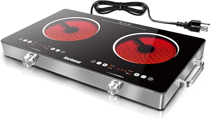 Karinear 2 Burner Electric Cooktop 110V, Portable Electric Stove with Handle, Knob Control Electri Hot Plate, Ceramic Countertop Burner, Timer, Safety Lock, 9 Power Level, 2000W, 24 inch(White)