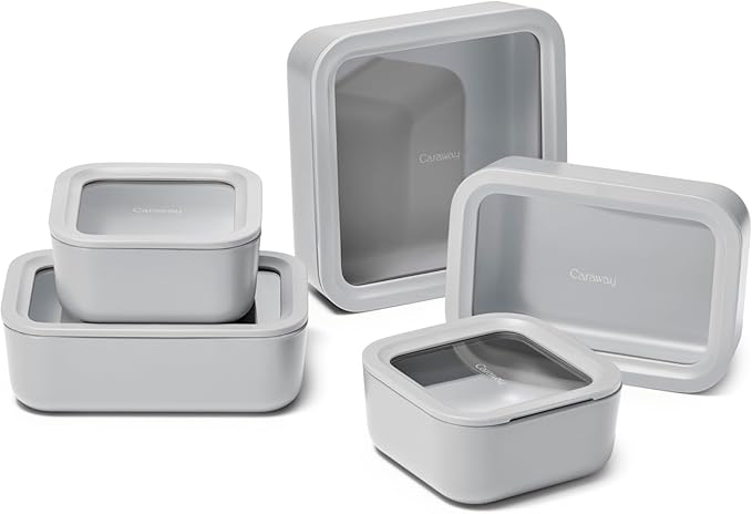 Caraway 13pc Glass Food Storage Container Set - Easy to Store, Non Toxic Lunch Box - with Glass Lids - Includes Storage Organizer - Gray