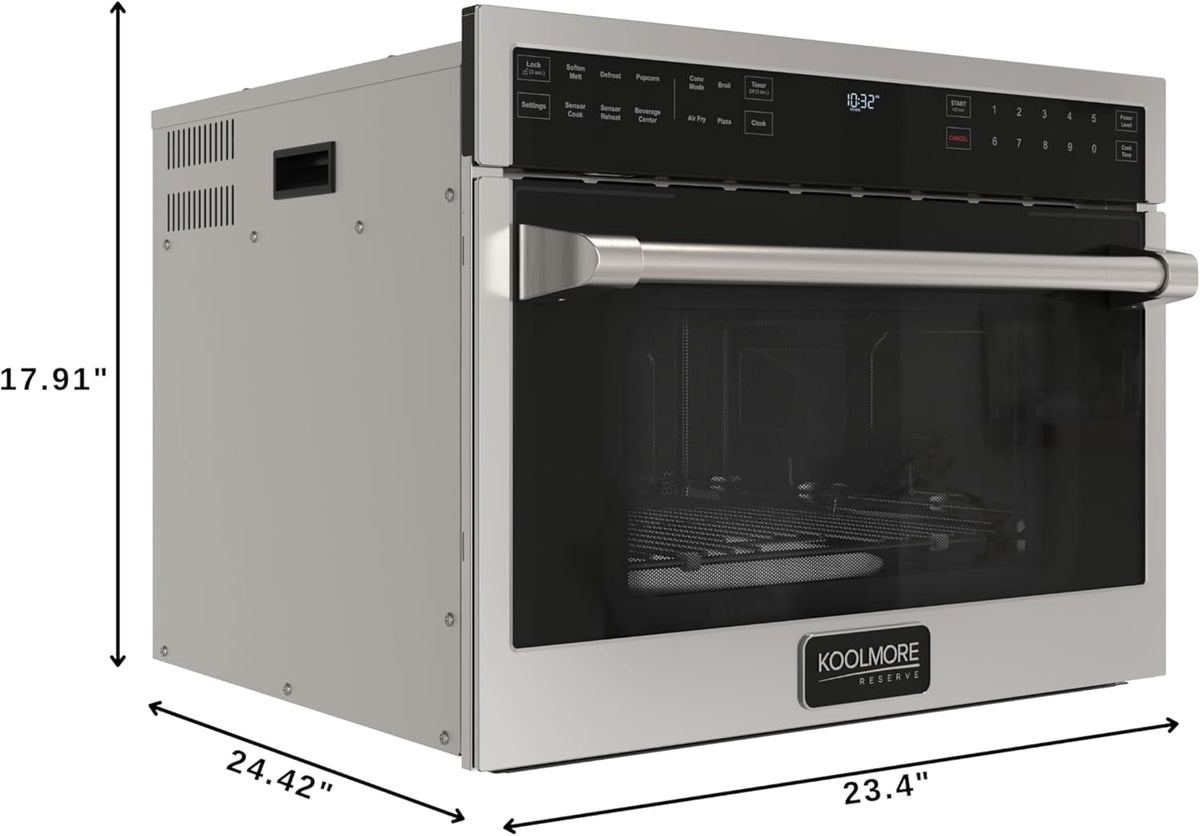 KoolMore KM-CWO24-AFSS Reserve Built-in Microwave Convection Oven with Air Fry, 3-in-1 Combo, Sensor Cook, Soft-Close Door, Stainless Steel, Premium 24 in. /1.6 cu. ft, Black
