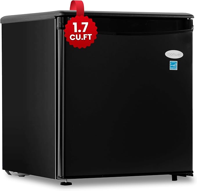 ROOMWELL E-Star 1.7 Cu Ft Mini Fridge for Office, Compact Black Small Refrigerator Without Freezer Automatic Defrost With Integrated Door Handle, 37 dB Countertop Fridge Quite, Ideal for Bedroom, Dorm