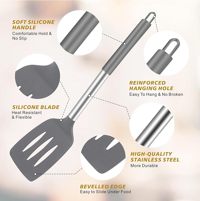 5-Piece Silicone Kitchen Tool Set, BPA-Free, Heat-Resistant, Non-Stick & Dishwasher-Safe, with Slotted/Solid Spoons & Spatulas for Frying, Mixing, Draining – Includes Multi-Purpose Serving Hook(Gray)