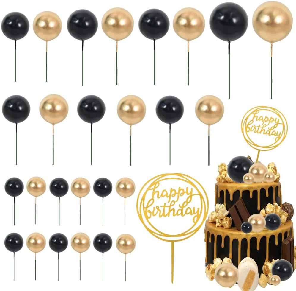 BEISHIDA Cake Topper Gold 27 Pack Cupcake Topper with Mini Balls, Happy Birthday Acrylic Toppers, Cake Decorations with Insert Pick DIY for Anniversary Wedding Baby Shower Party(Gold/Black)