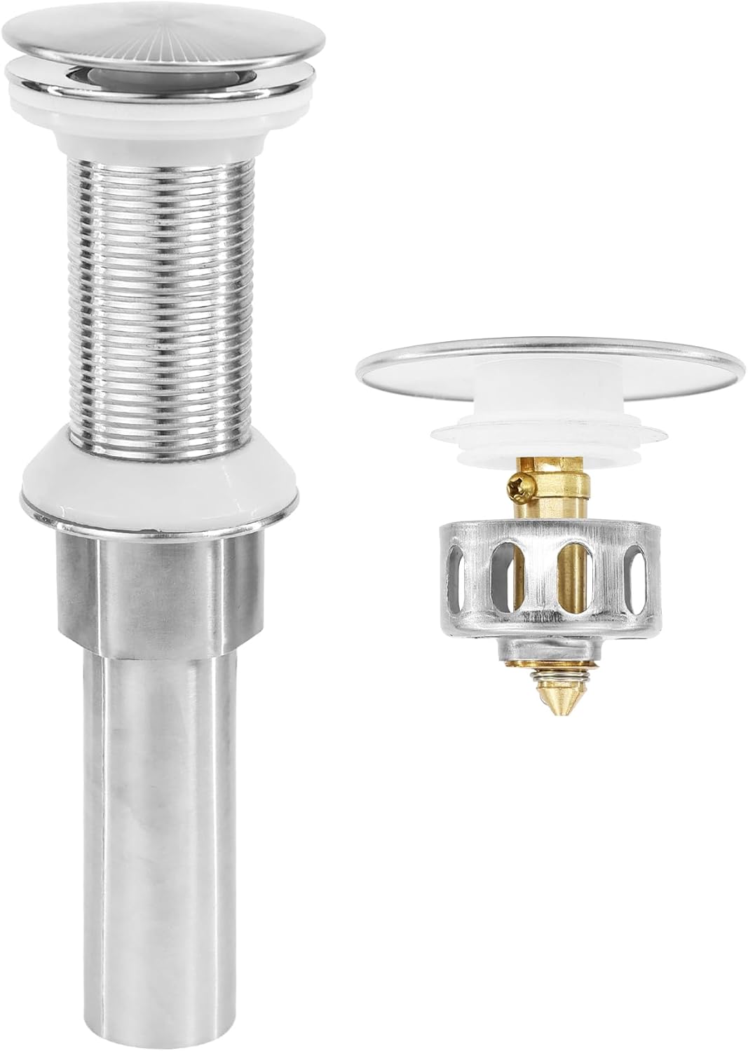 Bathroom Sink Drain,Drain Stopper Bathroom Sink Without Overflow,Pop Up Drain Assembly with Detachable Strainer Basket,Built-in Anti-Clogging, Stainless Steel Nut Brushed Nickel