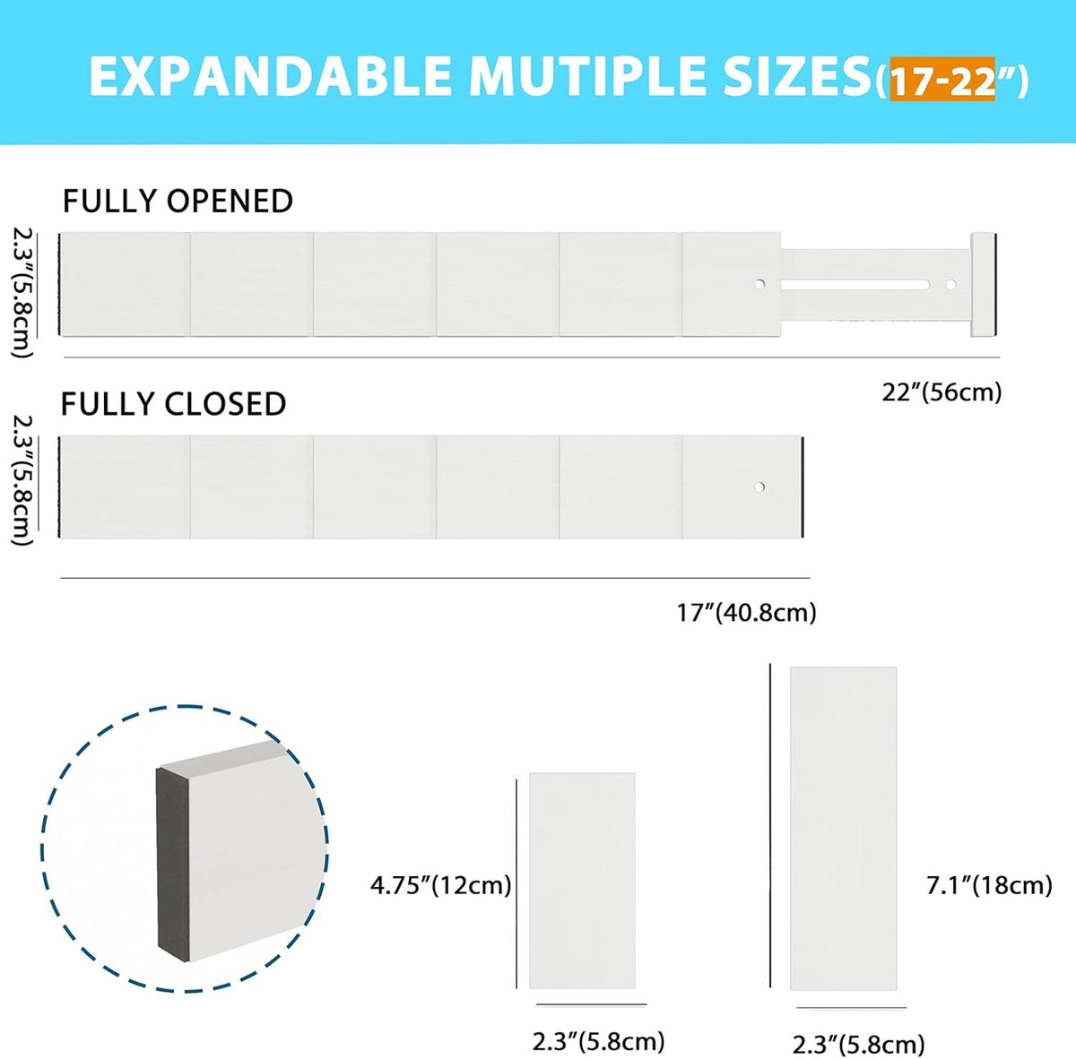 6 Pack Bamboo Drawer Dividers with 12 Inserts, Expandable Adjustable Clothes Drawer Organizers and Storage from 17" to 22" for Kitchen, Bedroom, Dresser, Cosmetics (White)