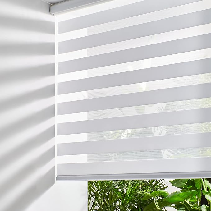 Persilux Cordless Zebra Blinds for Indoor Windows, Free-Stop Zebra Blinds Cordless, Light Filtering Sheer Shades Dual Layer for Day and Night, Zebra Roller Shades for Home (34.5" W X 64" H, Grey)