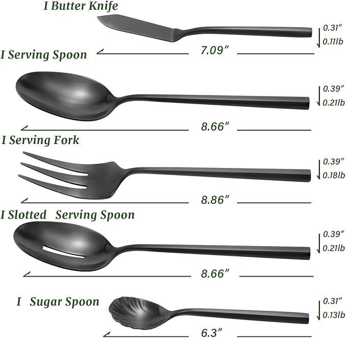 DEACORY Silverware Set with Serving Utensil Set Matte Black Flatware Set Hand Forged Stainless Steel Cutlery Set 45 Pieces Matte Finished Hexagon Handle Service for 8