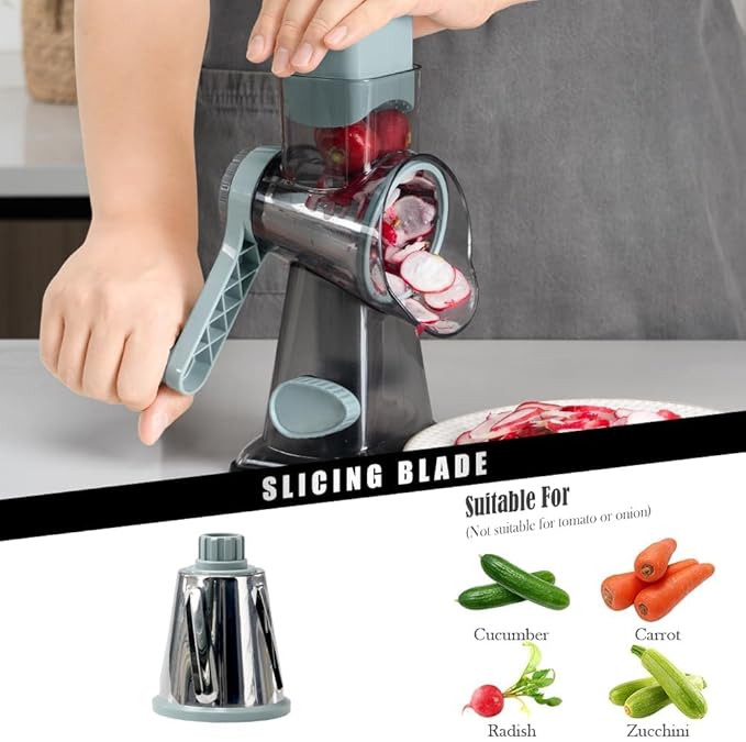 Cheese Grater Vegetable Cheese Shredder Slicer Grater for Kitchen 3 Changeable Blades for Cheese Potato Zucchini Nuts Chocolate (Grey Blue)