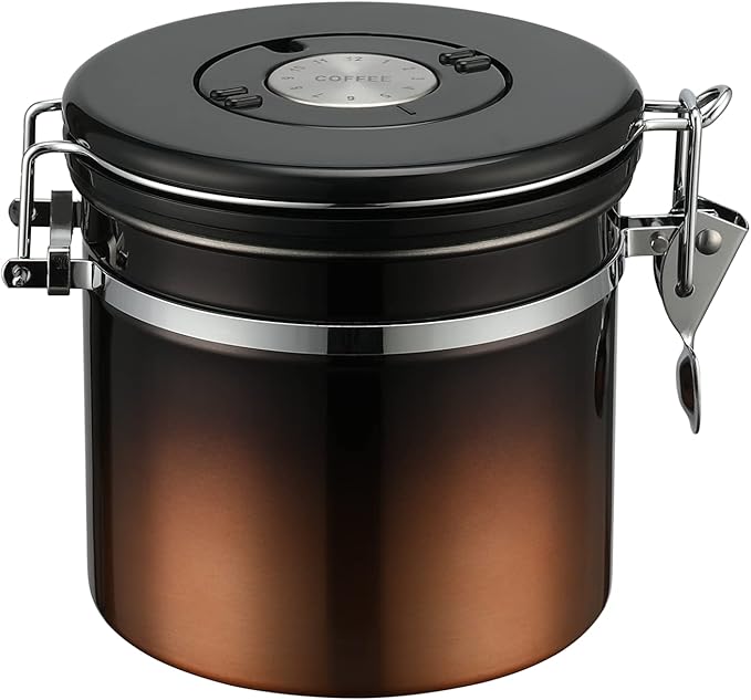 Coffee Canister, Airtight Coffee Container with Date Tracker Lid, Stainless Steel Canister for Kitchen Food Storage (Black-Copper, 12oz)