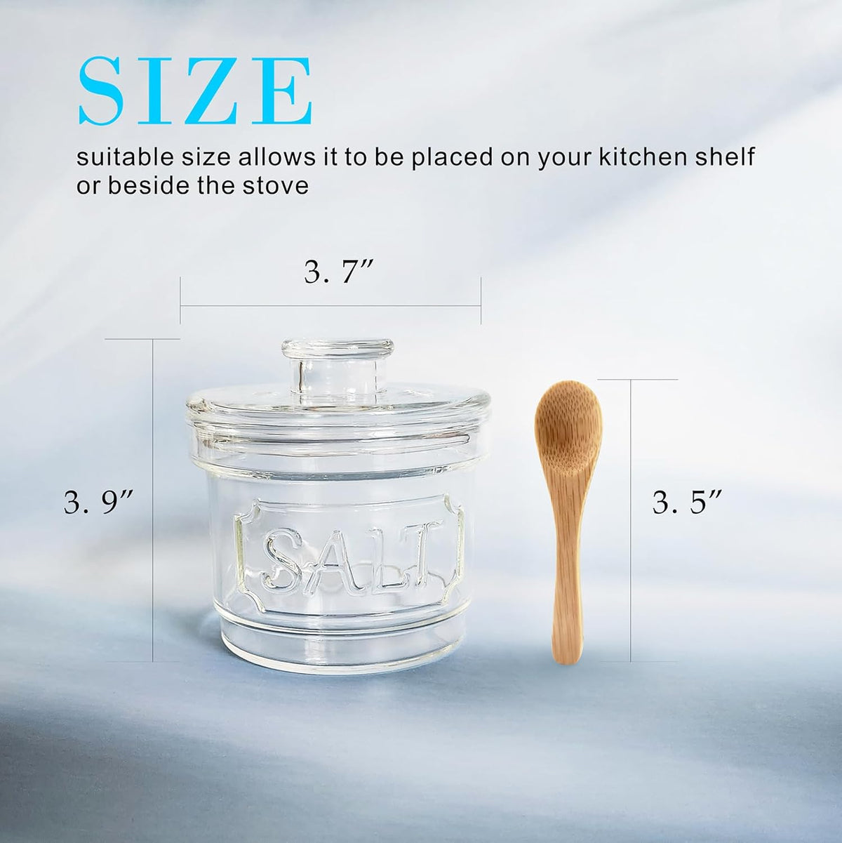 Glass Salt Cellar with Lid Salt Container with Spoon for Countertop Embossed Pattern Salt Box for Storing Sea Salt Flaky Salt Spice 12oz Capacity Holder,Dishwasher Safe