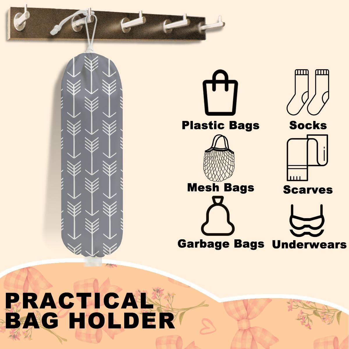 2Pcs Minimalism Stripe Plastic Bag Holder, Wall Mount Grocery Bag Holder for Plastic Bags, Abstract Art Arrow Reusable Organizer Grocery Bags with Drawstring, Housewarming Gifts for Women Mom