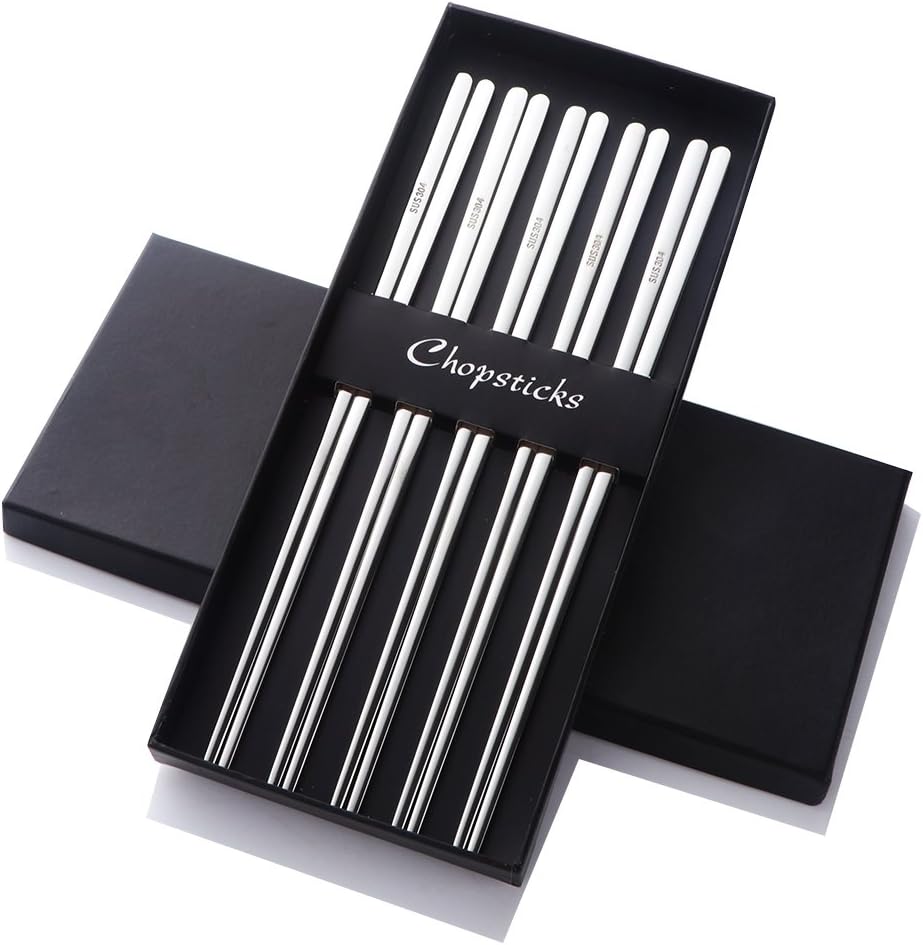 Buyer Star 5 Pairs Silver Flat Chopsticks - Reusable Metal Stainless Steel Chinese Chopsticks Set with Case