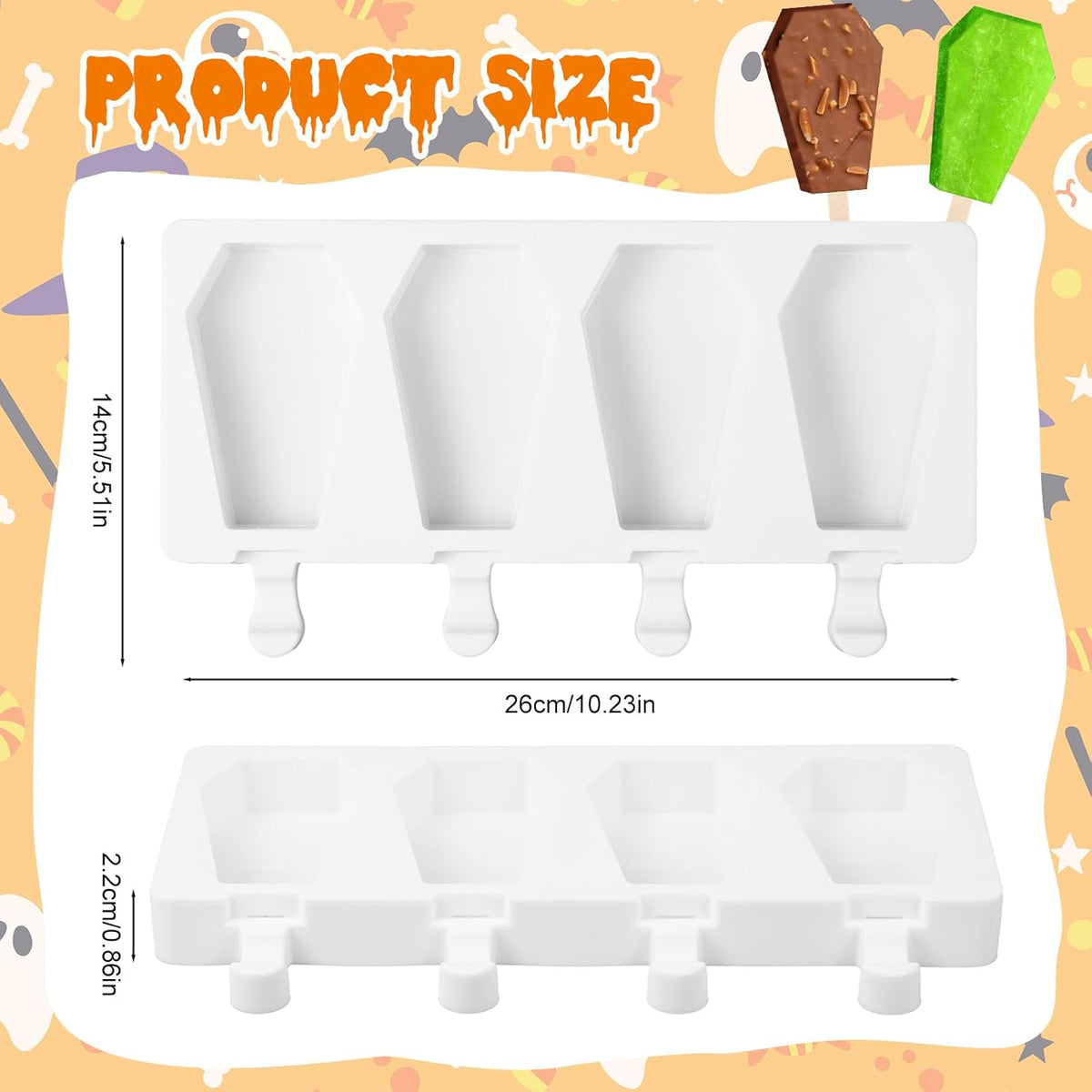Hushee Halloween Coffin Shaped Mold Large 4 Cavity Reusable Silicone Cakesicle Cake Pop Ice Cream Mold for Halloween Adults Homemade Ice Cream Chocolate Candy DIY Trick Dessert Decorating
