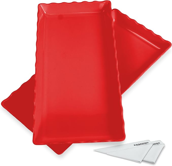 KAQAHIDO 17" x 8" x 1.5" Red Serving Tray Set, Wave Edge Melamine Platters for Cookie, Appetizer, Charcuterie, Snack, Dessert, Party Food Display, Stackable, Set of 2