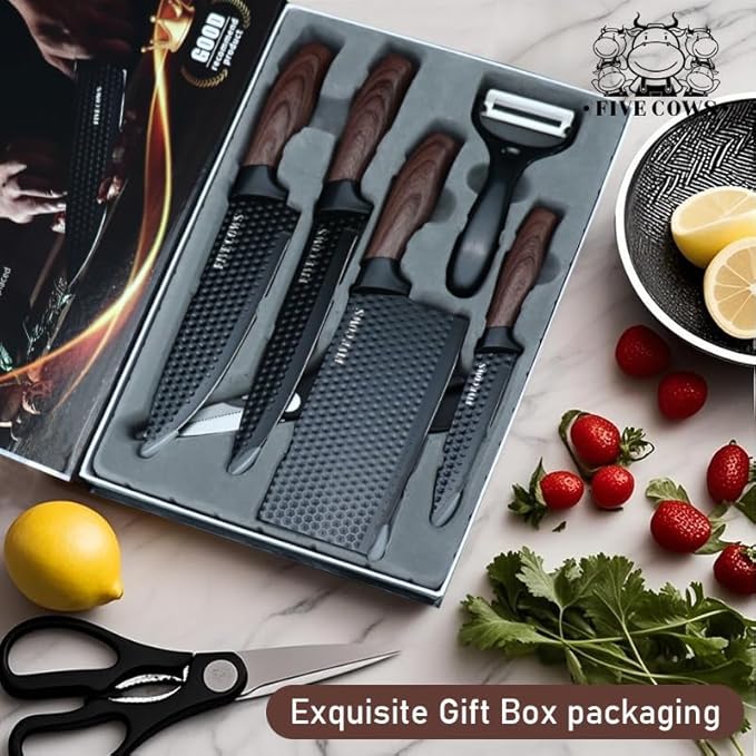 6 Pcs Kitchen Knife Block Set German High Carbon Stainless Steel Chef Knives, Razor-Sharp & Durable, Lightweight Anti-Slip Handle, Professional Set for Home & Kitchen (Brown 6 Piece)