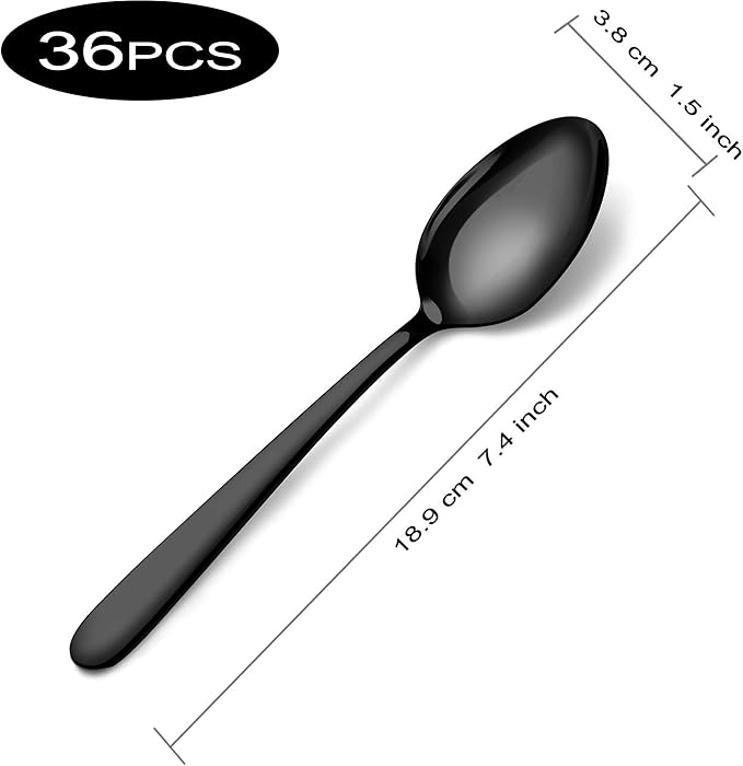 Pleafind 36Pcs Black Dinner Spoons Set - 7.4 inch, Spoons Silverware, Stainless Steel Spoon, Mirror Polished Tablespoon, Black Silverware Set for Home, Kitchen, Restaurant, Dishwasher Safe