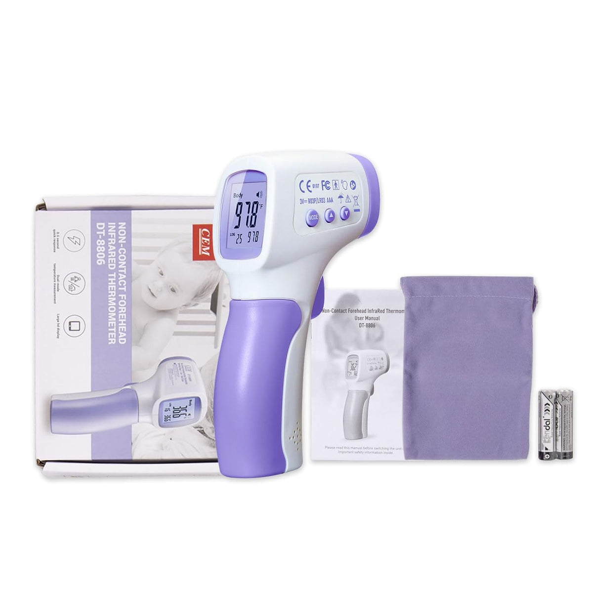 CEM DT-8806 Digital Thermometer for Adults and Kids, No Touch Forehead Thermometer for Baby, 2 in 1 Body Surface Mode Infrared Thermometer with Fever Alarm and Instant Accuracy Readings, Purple
