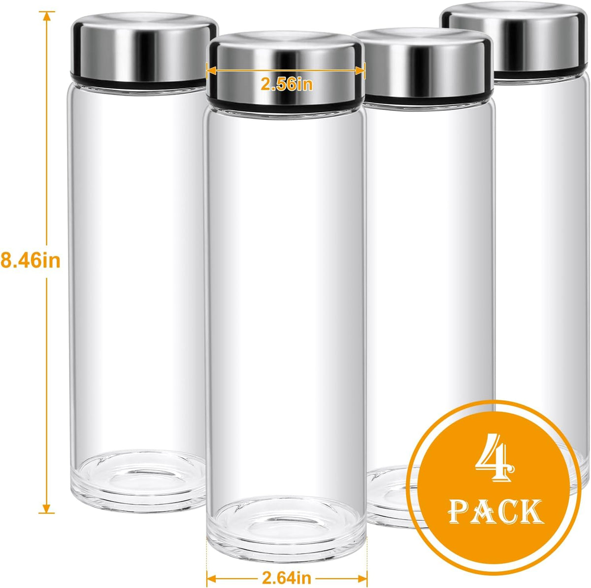 16oz Juice Bottles with Lids,4 Pack Wide Mouth Glass Bottles with Stainless Steel Cap,Reusable Glass Water Bottles for Juicing, Smoothies, Infused Water,Beverage Storage,BPA Free,Leakproof