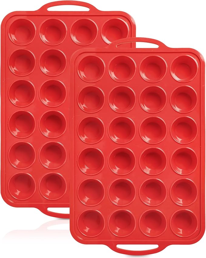 2 Pack Mini Silicone Muffin Pan with Metal Frame, Non-stick Regular Silicone Cupcake Pan with Handles 24 Cup, Silicon Muffin Tin Tray for baking, egg bites, Cupcake Mold, BPA Free Red