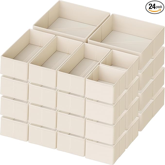 Criusia Drawer Organizer Clothes, 24 Pack Dresser Organizer for Baby Clothes, Underwear, Sock- Foldable Closet Organization and Storage Dividers Bins for Nursery, Bedroom and Dorm (Beige)